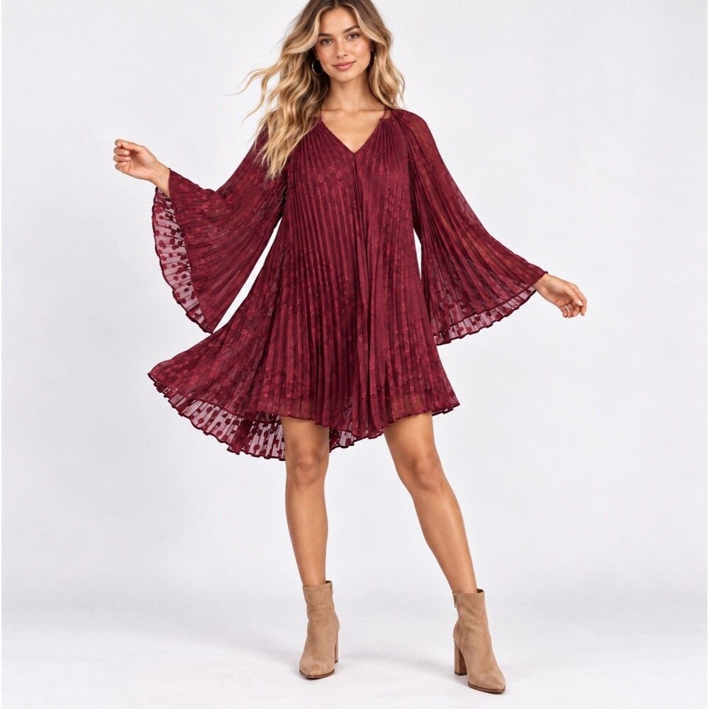 Anthropologie Toulon Pleated Swing Mini Dress Size S Plum Prune NWT